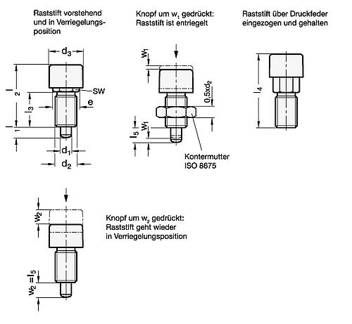 Ganter 514-6-A VERRIEGELUNGSBOLZEN - GN 514 Verriegelungsbolzen - PUSH PUSH Verriegelungsmechanik-Skizze