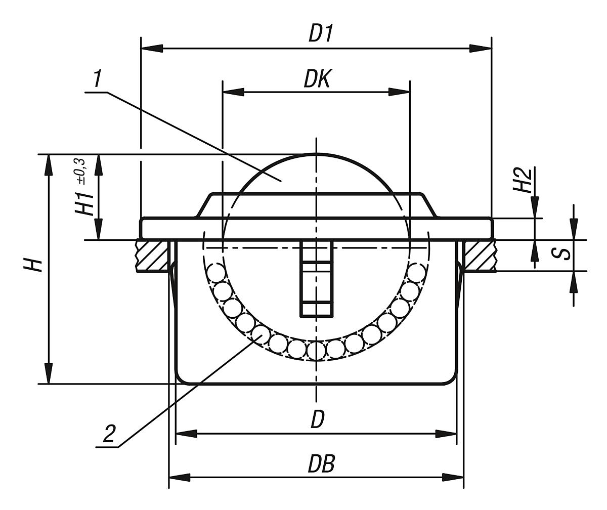 Norelem 95160-130 KUGELROLLE M.BEFESTIGUNGSELEMENT, AUSF. B - NLM 95160 Kugelrollen mit Befestigungselement - Massblatt
