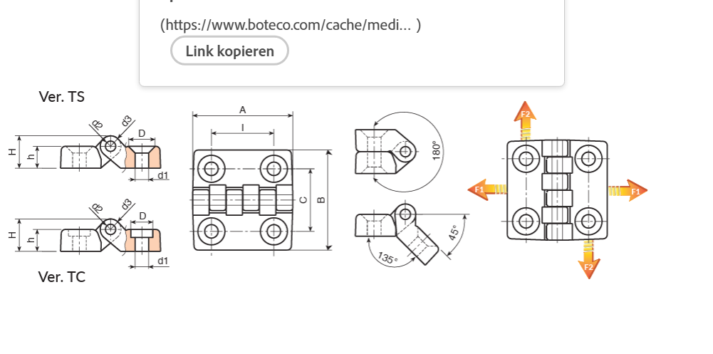 Leschhorn O400-20-4,5-TS ScharnIere für Senkschraube, I= 20; C= 20; Bohrung d1= 4,5; Kunststoff PA, schwarz matt - LE O400 Schaniere - Kunststoff - Massblatt