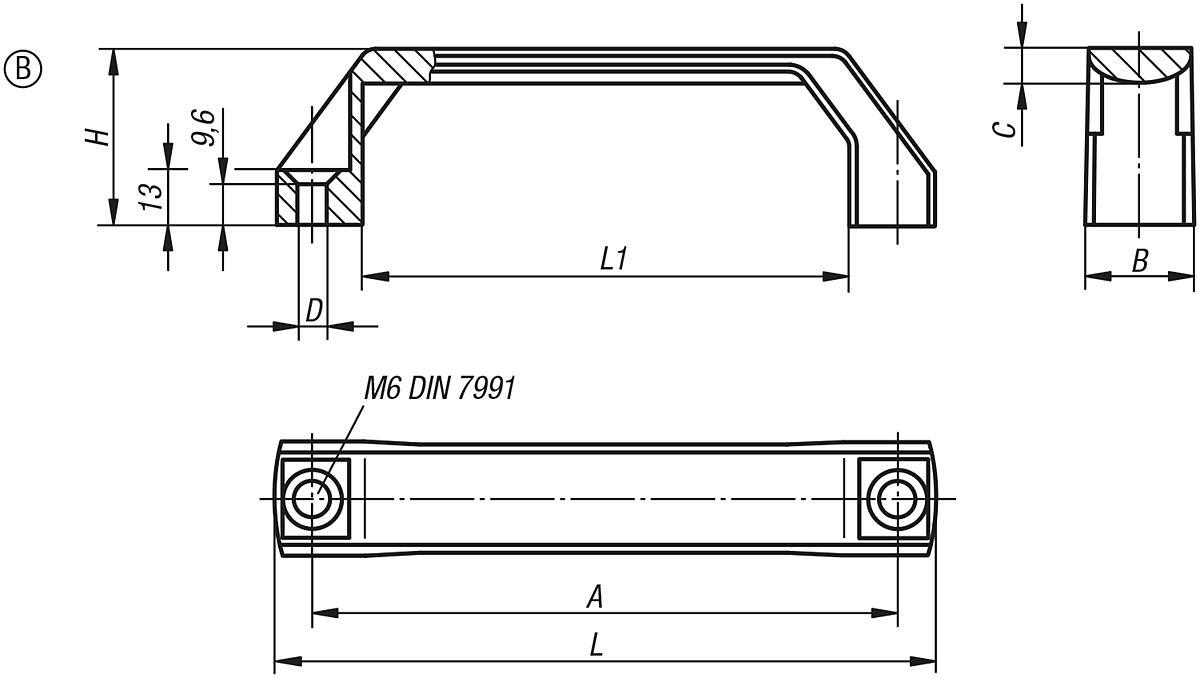 Kipp K0191.2140061 BÜGELGRIFF FORM B, A=140, SCHWARZ - K0191-B Buegelgriffe - Form B - Massblatt