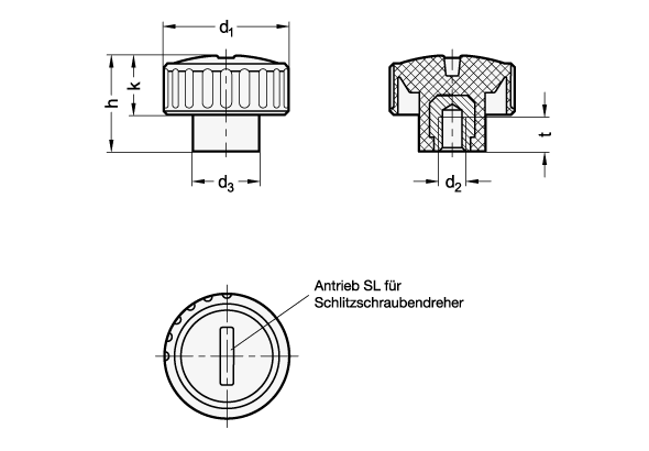 Ganter 592-12-M3-E-MS  Rändelmuttern, Kunststoff, Buchse Messing, Griffdurchmesser d1: 12, Gewinde d2: M 3, Form: E - mit Gewinde-Sackloch - GN 592 Raendelmuttern - Kunststoff - Buchse Messing - Massblatt