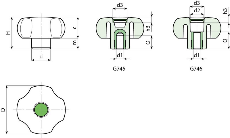 Leschhorn G745 Sterngriffe  D 50; d 20,5; Gewinde d1 M06; Kunststoff PA, schwarz - LE G745 Sterngriffe Kunststoff - Gewindebuchse Messing-EcoLine-Massblatt