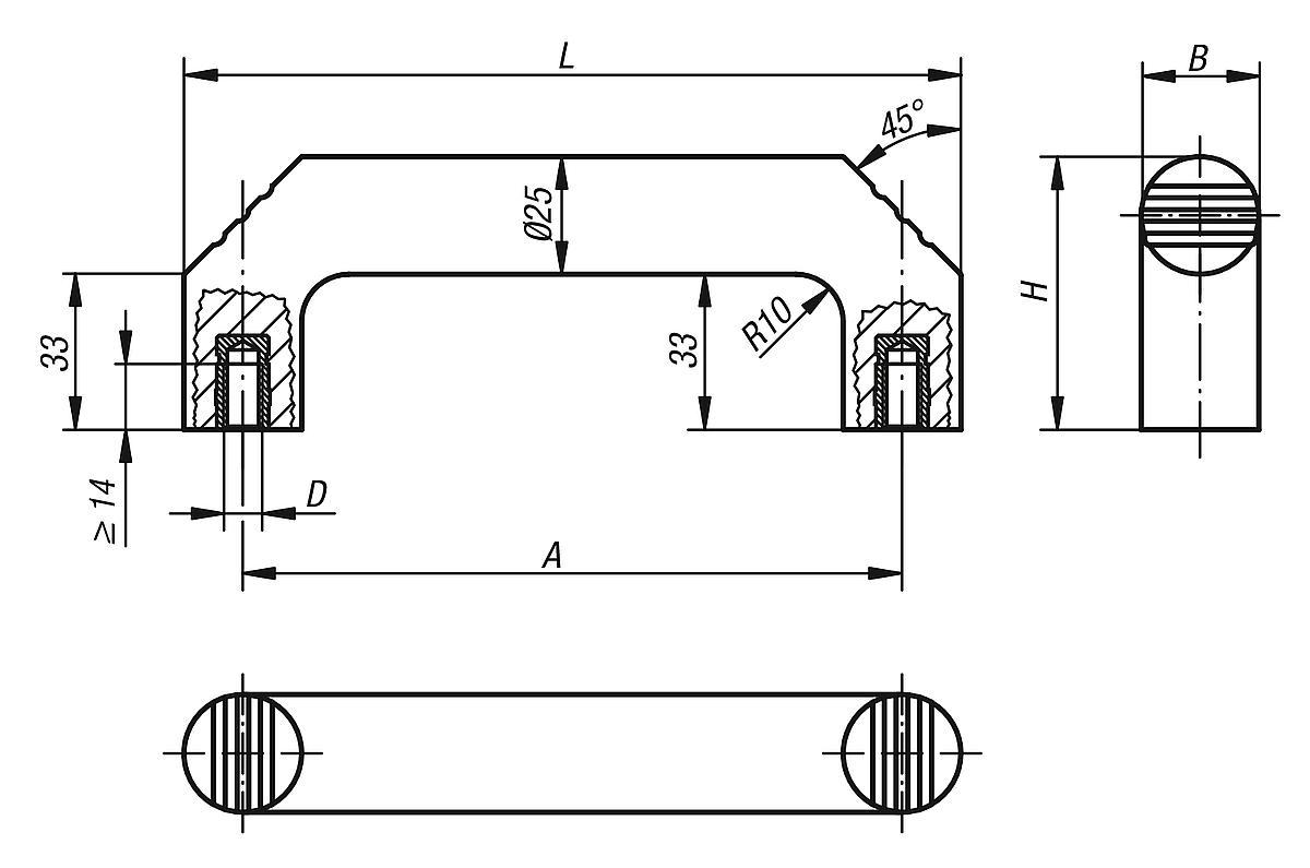 Kipp K0188.114008 BÜGELGRIFF A=140, M8, DUROPLAST FS31, BUCHSE MESSING - K0188 Buegelgriffe - Massblatt