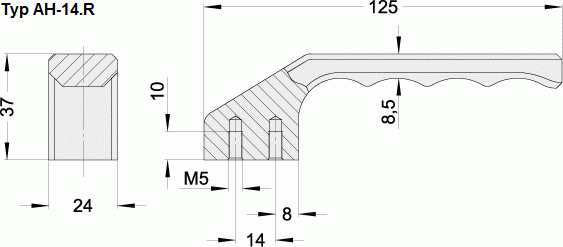 Leschhorn AH-14.R125.11   Maschinen- und Gerätegriffe rückseitige Befestigung AH-14.R Aluminium Bügelgriff, natur eloxiert - Leschhorn AH Griffhebel - Maschinen- und Geraetegriff - Zeichnung