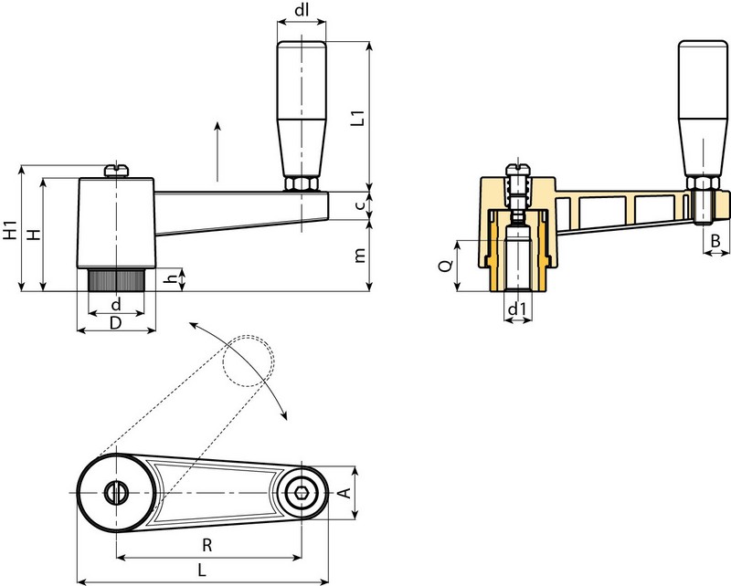 Leschhorn E518 Handkurbeln  L 108; R 80; Gewinde d1 M16; Kunststoff PA, schwarz, Gewindebuchse Messing - Boteco E518 Handkurbeln