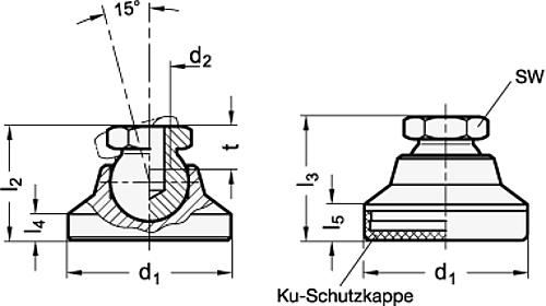 Ganter 343.1-25-M6-KR GELENKFUSS, INNENGEW.,KU KAPPE RUTSCHFEST - GN 343-1 Gelenkfuesse - Innengewinde - Stahl-Skizze