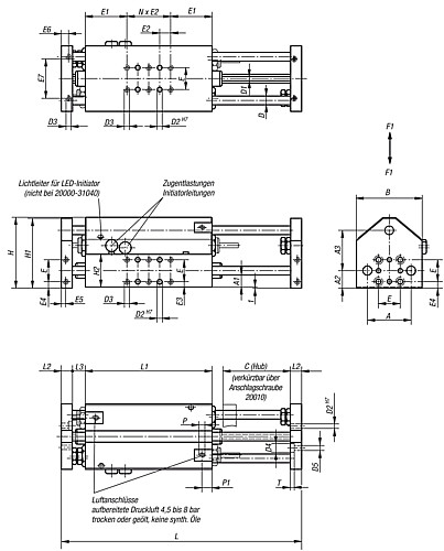 Norelem 20000-31040 LINEARMODUL PNEUMATISCH GR.1,C=40, MIT DREI RUNDFÜHRUNGEN - Norelem 20000 Linearmodule pneumatisch mit drei Rundfuehrungen