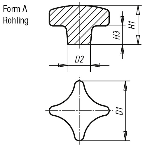 Kipp K0145.104008 KREUZGRIFF FORM A, D1=40, ALU, GEROMMELT - KIPP K0145-A Kreuzgriffe aehnlich DIN 6335 aus Alum