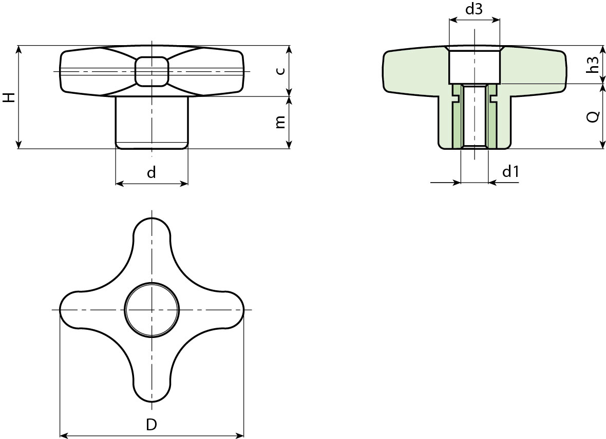 Leschhorn F188C Kreuzgriffe   D 32; d 15; Gewinde d1 M5; Kunststoff PA, schwarz, Gewindebuchse Edelstahl - Boteco F188C Kreuzgriffe