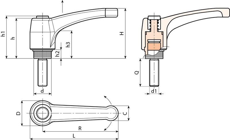 Leschhorn A583 Verstellbare Klemmhebel, Kunststoff  R 80; Außengewinde M12x50; Hebel und Knopf schwarz - Boteco A583 Verstellbare Klemmhebel