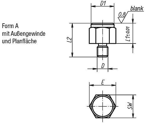 Kipp K0298.1101 POSITIONSFUSS FORM A, D=M8, L1=10 - KIPP K0298-A Positionsfuesse mit Aussengewinde Form A