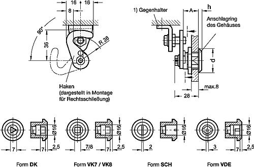 Ganter 115.8-DK-18-H1-CR-1 Hakenverriegelungen, Betätigung mit Steckschlüssel - GN-115-8-Hakenverriegelungen-Betaetigung-mit-Steckschluessel-CR-verchromt-mit-Doppelbart-Skizze