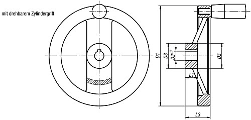 Norelem 06277-4080X10 2 SPEICHENHANDRAD ALU, DREHB.GR.O.NUT, D1=80, D2=10 - Norelem 06277-MDG 2 Speichenhandraeder aus Aluminium - gerader Radkranz - mit drehbarem Zylindergriff