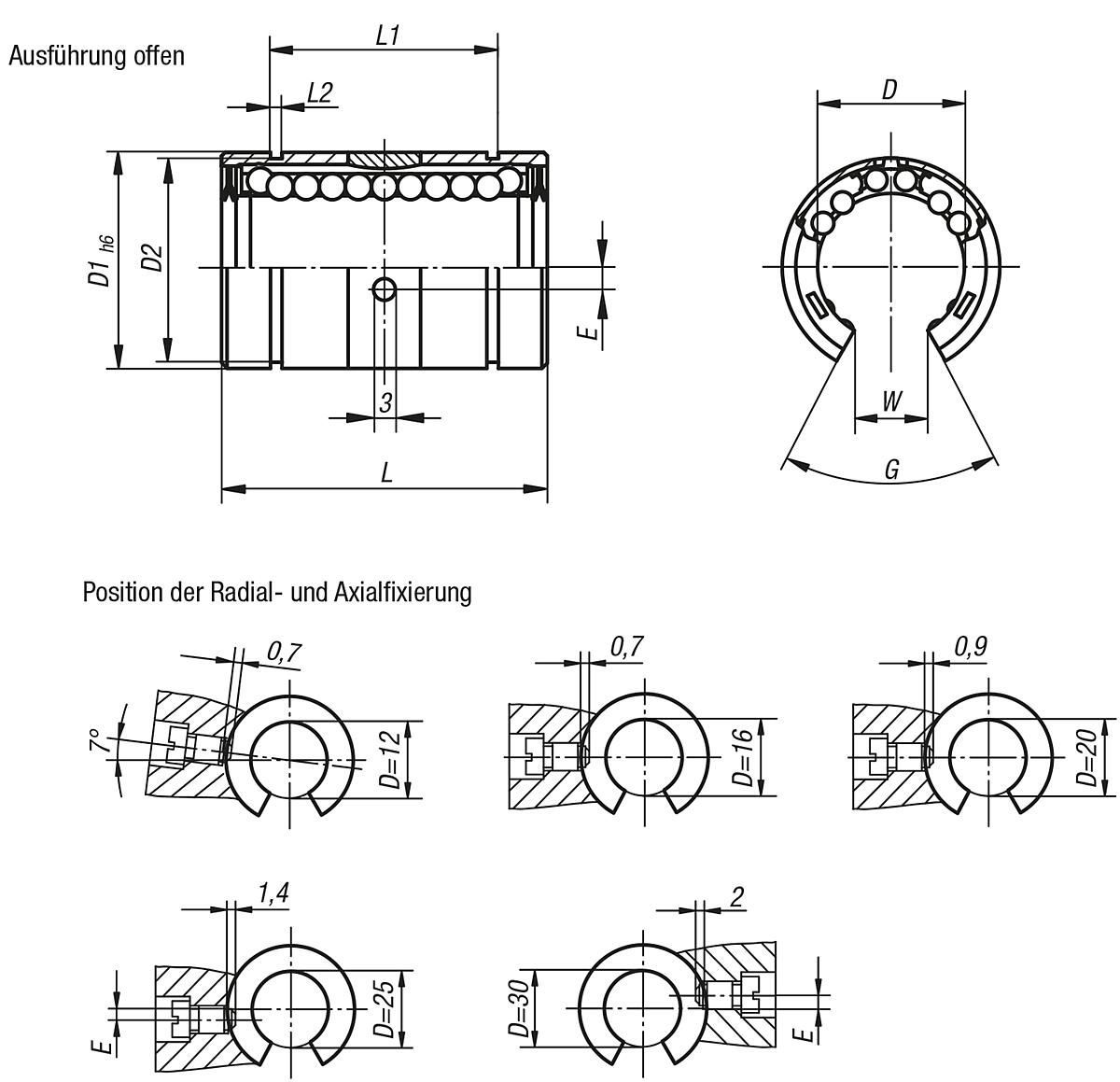 Norelem 21515-2012 LINEARKUGELLAGER OFFEN D=20, MIT WINKELFEHLERAUSGLEICH,HOHE - NLM 21515-AO Linearkugellager mit Winkelfehlerausgleich - hohe Tragzahl - offen - Massblatt