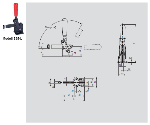 DESTACO 535-L Vertikal-Kniehebelspanner Haltekraft 10000 N, Öffnungswinkel 120° - 535-L Vertikalspanner - massiver Spannarm - Fuss abgewinkelt