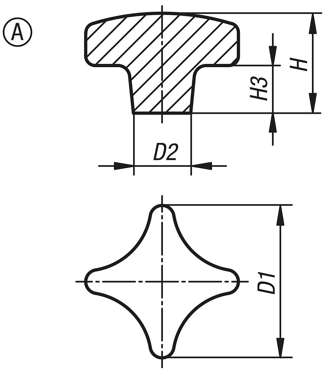 Kipp K0145.104008 KREUZGRIFF FORM A, D1=40, ALU, GEROMMELT - K0145-A Kreuzgriffe aehnlich DIN 6335 aus Aluminium - Form A - Massblatt