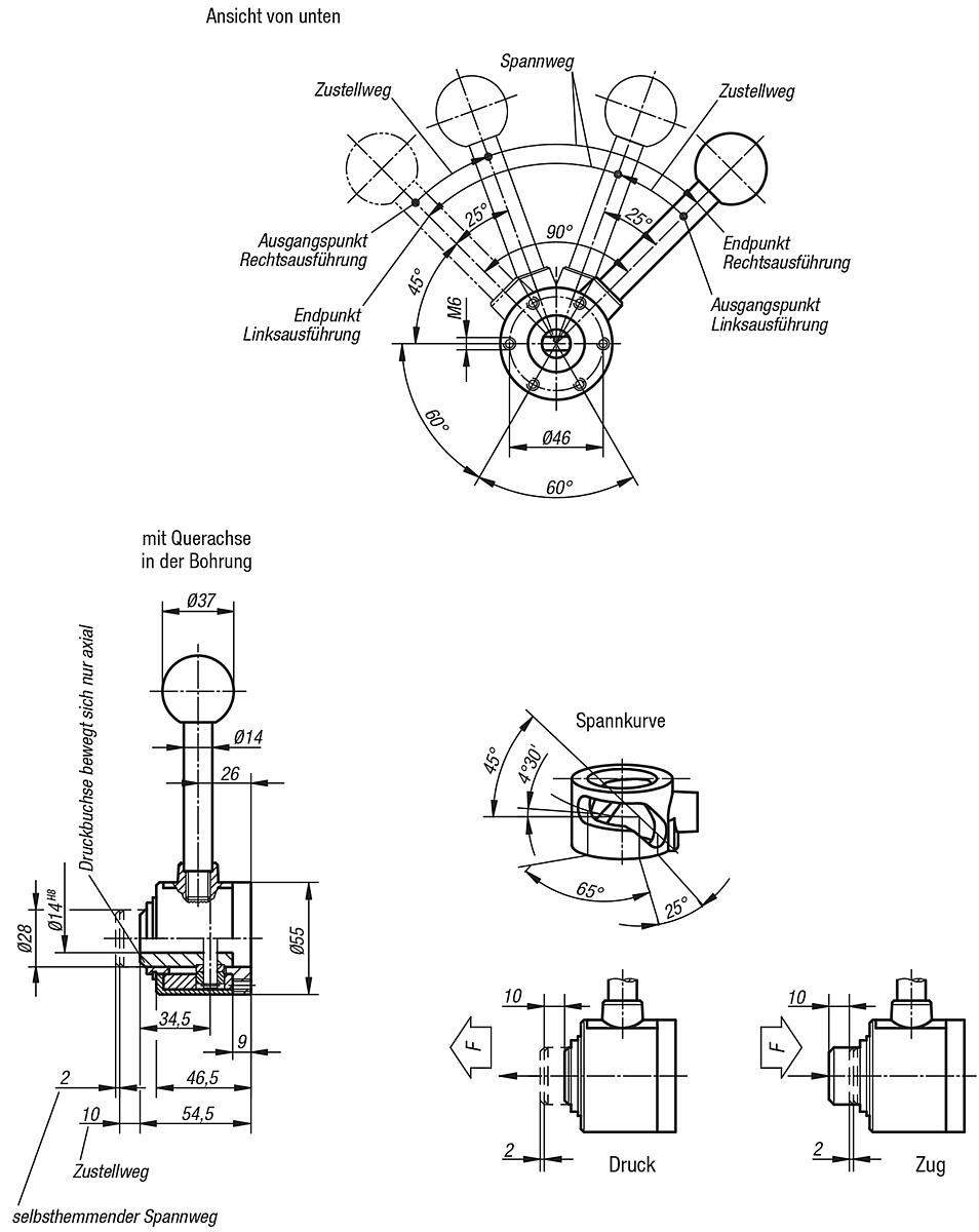 Kipp K0020.10 SPANNELEMENT ACTIMA RECHTS DRUCK, QUERACHSE - K0020-QB Spannelement -actima- mit Querachse in der Bohrung - Massblatt