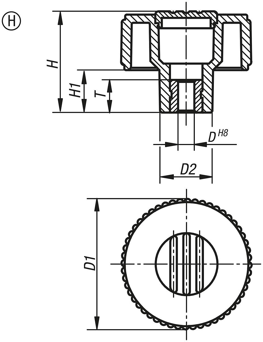 Kipp K0260.42087 NOVO.GRIP RÄNDELRAD  GR.2  FORM H, D=50, D3=8, DECKEL RAPSGELB - K0260-H Raendelraeder mit Passbuchse - Form H - Massblatt