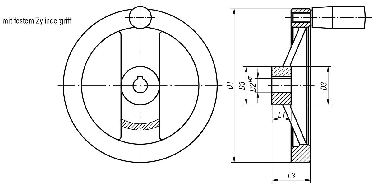 Norelem 06277-3100X10 2 SPEICHENHANDRAD ALU, FESTST.GR.M.NUT, D1=100, D2=10 - NLM 06277-MFG 2 Speichenhandraeder Aluminium -gerader Radkranz -festem Zylindergriff -Massblatt
