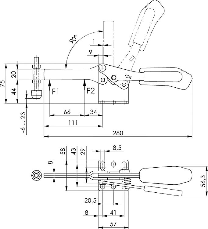 AMF 6834SE-4 Waagrechtspanner mit blauem Handgriff und Sicherheitsverriegelung, Größe : 4, F1: 2 kN, F2: 3 kN - LE 6834SE Waagrechtspanner mit blauem Handgriff und Sicherheitsverriegelung-Skizze