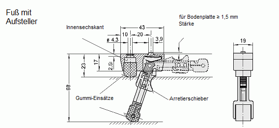 Leschhorn GZ-23.000.44   Gerätefüße Fuß ohne Aufsteller schwarz - Leschhorn GZ Geraetefuesse - Zeichnung-Fuss mit Aufsteller