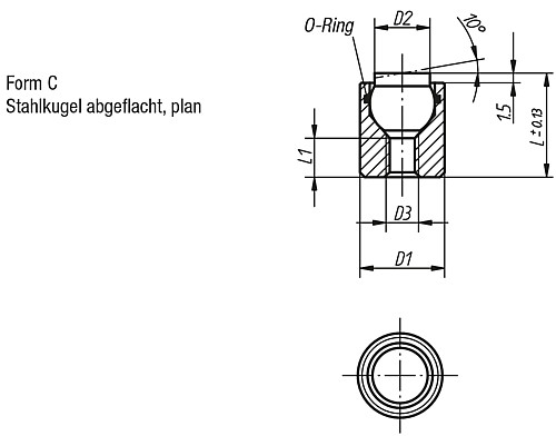 Kipp K0284.105X025 PENDELAUFLAGE FORM C MIT O RING, D3=M5, L=25 - KIPP K0284-C Pendelauflagen mit O Ring - Form C