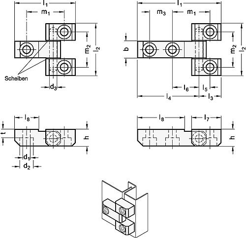 Ganter 129.3-91-55-A-ST Edelstahl-Mehrgelenkscharniere, innenliegend, Öffnungswinkel 180°, Befestigungswinkel rechts - GN 129-3 Scharniere-Abbildung