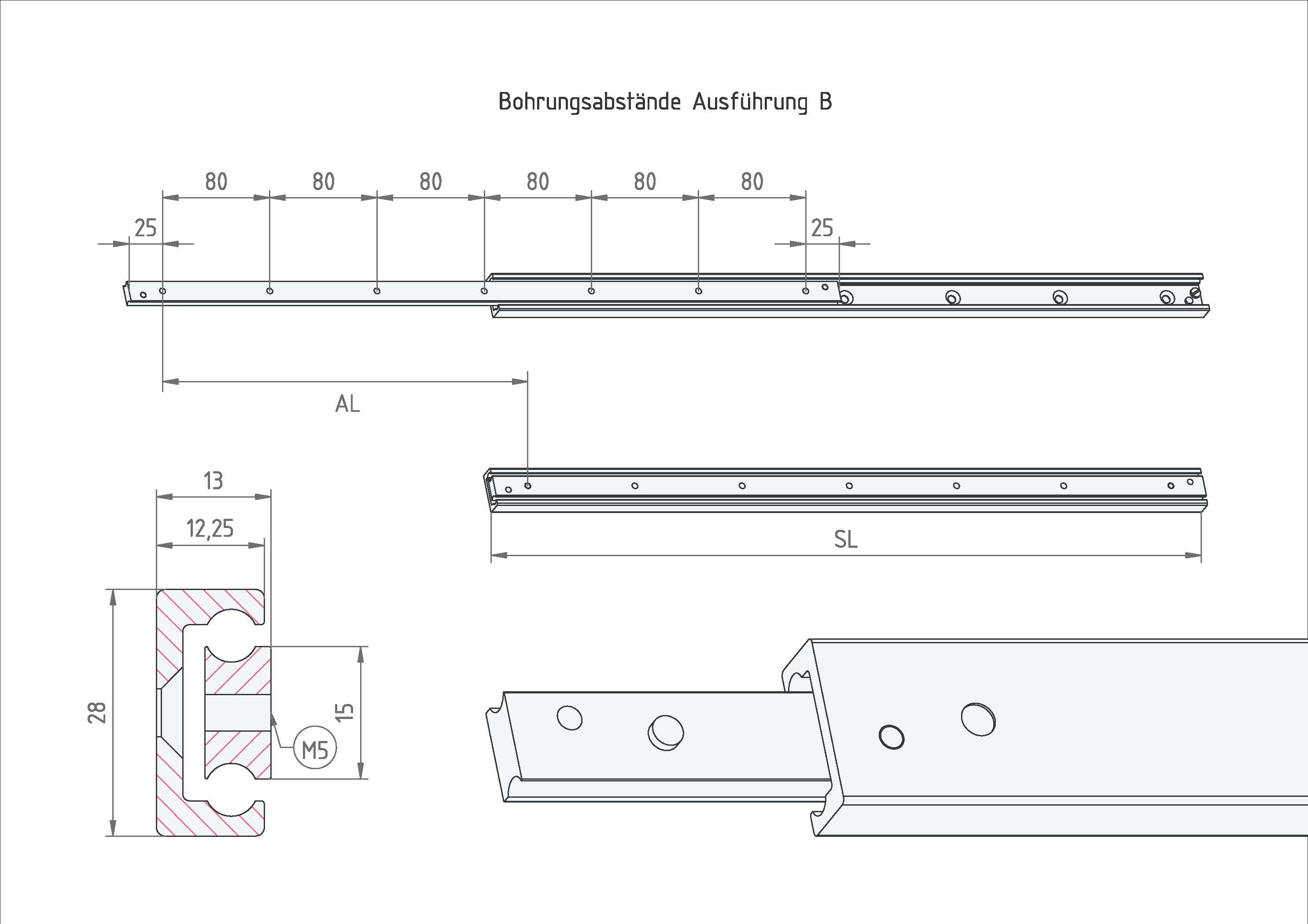 Leschhorn HPCT 2813-0130-GS-B-ST Hochpräzise Schwerlast-Teleskopschienen, C-Profil 28x13, Teilauszug, AL=74, GS: Gewinde M5/Senkbohrung für M5, Ausführung B, Lastwert 60kg, Stahl verzinkt - LE HPCT-2813 Ausführung B Technische Zeichnung