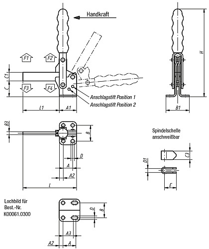 Kipp K0061.0250 SCHNELLSPANNER VERTIKAL, MIT WAAGRECHTEM FUSS, P=250 daN - KIPP K0061 Schnellspanner vertikal mit waagrechte