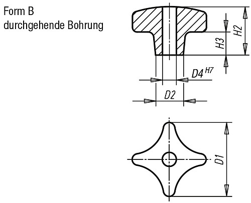 Kipp K0147.206 KREUZGRIFF GG, FORM B, D1=32, D4=6 - KIPP K0147-B Kreuzgriffe DIN 6335 aus Grauguss - Fo