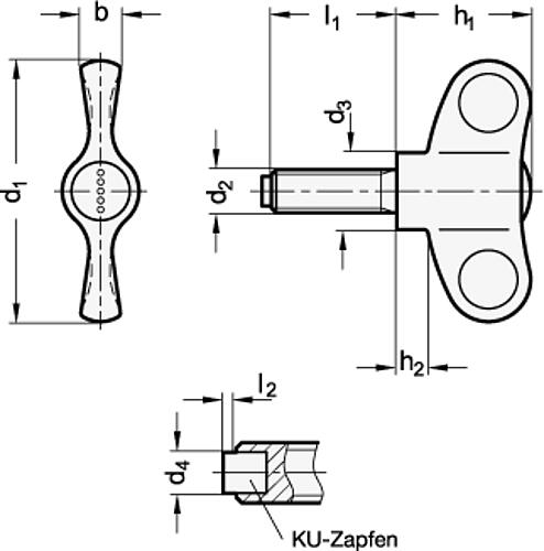Ganter 633.10-70-M10-20-DGR FLÜGELSCHRAUBE MIT KU DRUCKZAPFEN - GN 633-10 Fluegelschrauben mit Kunststoff Druckzapfen-Skizze