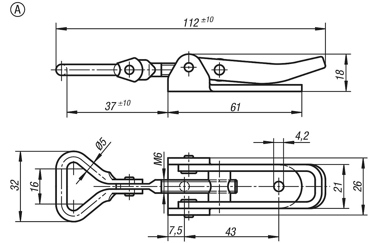 Norelem 05550-1421121 SPANNVERSCHLUSS EINSTELLBAR, FORM A, STAHL - NLM 05550-SVA Spannverschluesse mit beweglichem Spannhaken Form A - Massblatt
