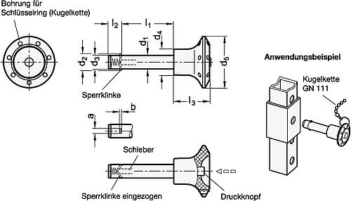 Ganter 114.3-10-35 EDELSTAHL STECKBOLZEN MIT KUNSTSTOFF KNOPF - GN 114-3 Steckbolzen mit Axialsicherung - Edelstahl 1-4305-Skizze