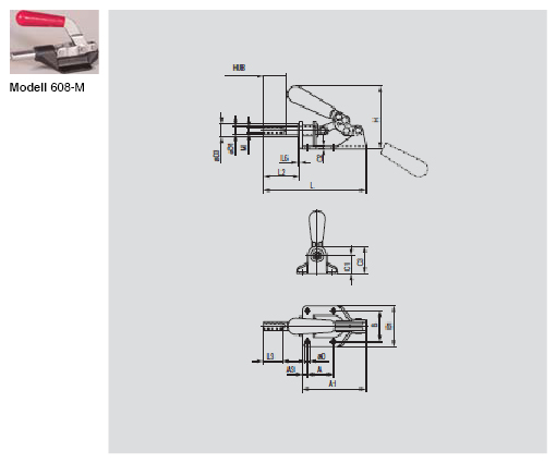 DESTACO 608 Schubstangenspanner Standard  Haltekraft 3800N, Hub 32mm, Zollgewinde - 608-M Schubstangenspanner Standard - mit Zollgewinde