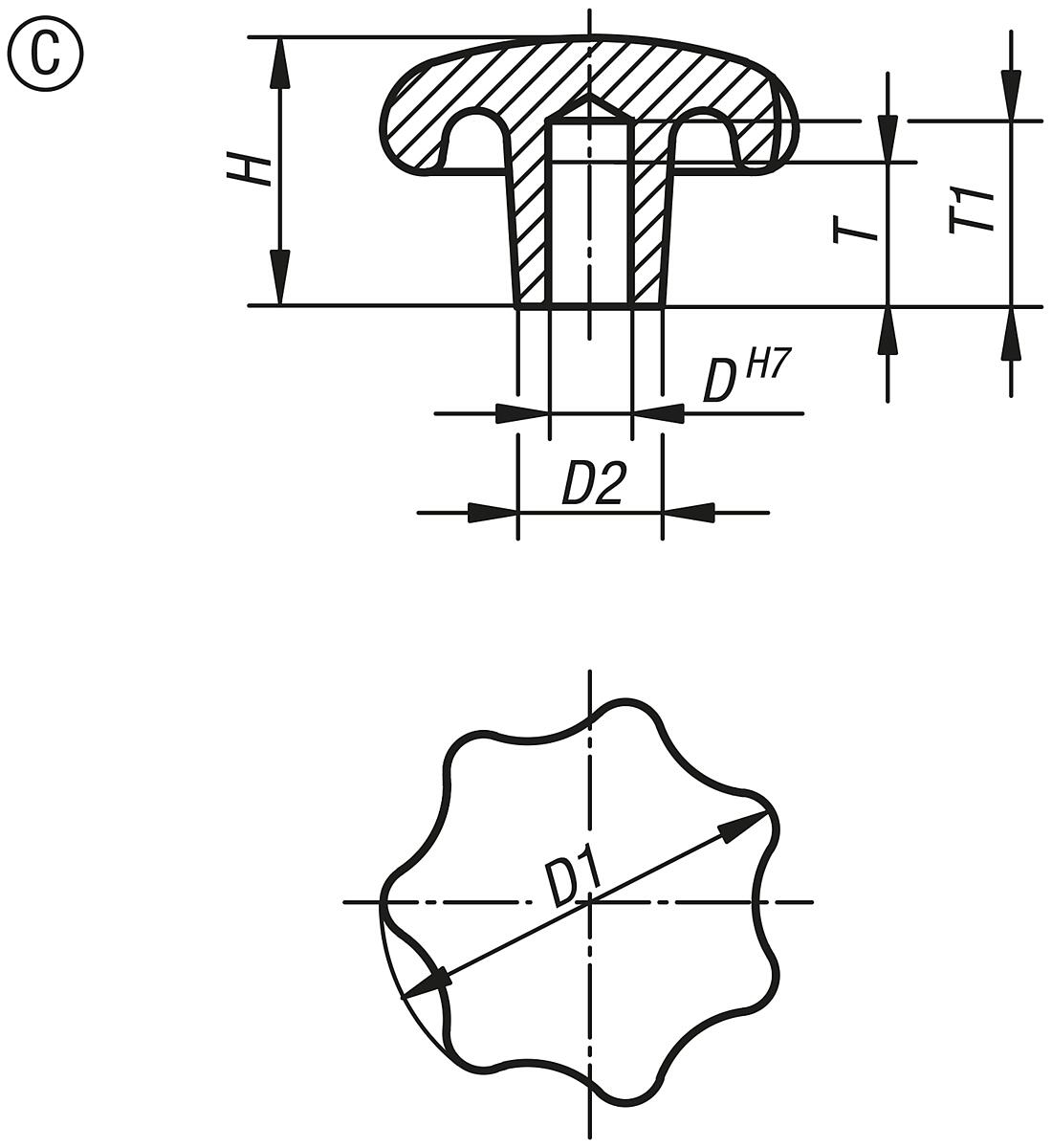 Kipp K0151.308 STERNGRIFF GG, FORM C, D1=40, D4=8 - K0151-C Sterngriffe DIN 6336 aus Grauguss - Form C - Massblatt