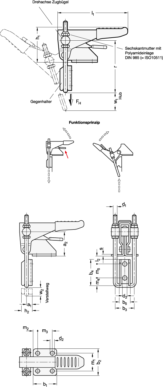 Ganter 851.4-160-T3-NI  Verschlussspanner, Stahl / Edelstahl, für Zugspannung, mit Verriegelung, Form: T3 - ohne Zugbügel, mit Gegenhalter, Grösse: 160, FH in N Haltekraft: 1600 - GN 851-4 Verschlussspanner - Stahl - Edelstahl - fuer Zugspannung -Verriegelung - Massblatt