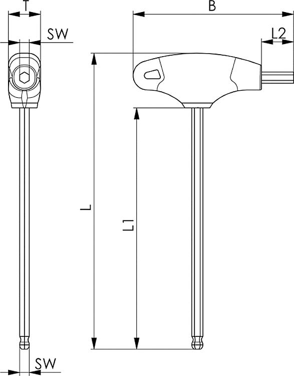 AMF 966QGE-6x200 Doppel-Sechskantschraubendreher (mm) mit ergonomischen 2-Komponenten-Quergriff, SW: 6 mm, B: 97, L: 240 - LE 966QGE Doppel-Sechskantschraubendreher -mm- mit ergonomischen2-Komponenten-Quergriff - Skizze