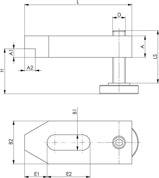 AMF 6314AV-12+14 Spanneisen abgesetzt, mit verstellbarer Stützschraube, für Spannschraube: M12, D x LS: M12x49, A1xA2: 8 x10,0 - LE 6314AV Spanneisen abgesetzt - mit verstellbarerStuetzschraube-Skizze