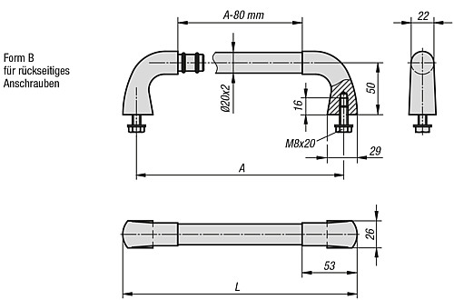 Kipp K0227.200083 ROHRGRIFF FORM B, A=200       EDELSTAHL, ROHR GESCHLIFFEN - KIPP K0227-B Rohrgriffe Edelstahl - Form B