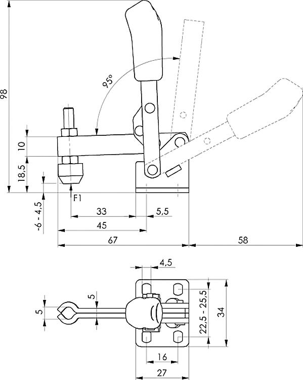 AMF 6805-1 Senkrechtspanner mit rotem Handgriff, Größe : 1, F1: 1 kN - LE 6805 Senkrechtspanner -Skizze