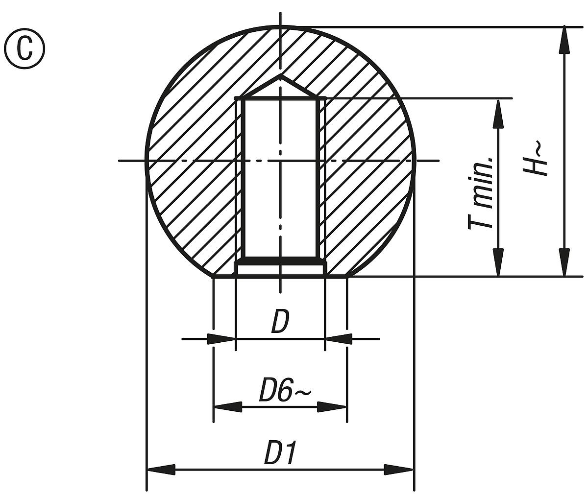 Kipp K0158.12006 KUGELKNOPF D1=20  M6, FORM C, THERMOPLAST - K0158-C Kugelknoepfe Thermoplast DIN 319 erweitert Form C - Massblatt