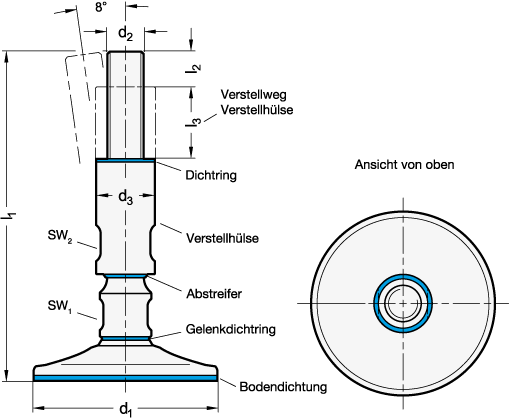 Ganter 20-60-M12-175-A  Stellfüße, Edelstahl, ohne Befestigungsbohrungen, Hygienic Design, Fussdurchmesser d1: 60, Gewinde d2: M 12, l1: 175 - GN 20 Stellfuesse - Edelstahl - ohne Befestigungsbohrungen - Hygienic Design - Massblatt