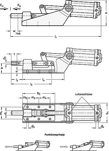 Ganter 890-1100-SP-M Schnellspanner, pneumatisch, für Druckspannung - GN 890 Schnellspanner - pneumatisch - fuer Druckspannung - mit Magnetkolben-Skizze