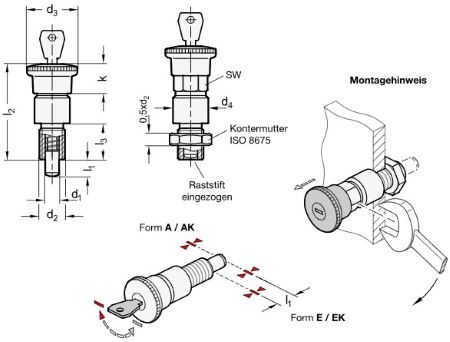 Ganter 814-10-12-A-SC-NI Edelstahl-Rastbolzen, abschließbar - GN-814-Edelstahl-Rastbolzen-vorne-abschliessbar-Skizze