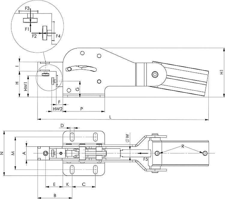 AMF 6860P-1 Kompispanner, pneumatisch, Größe : 1, F1: 1,0 kN, F2: 1,0 kN, F5: 0,26 kN - LE 6860P Kompispanner - pneumatisch -Skizze