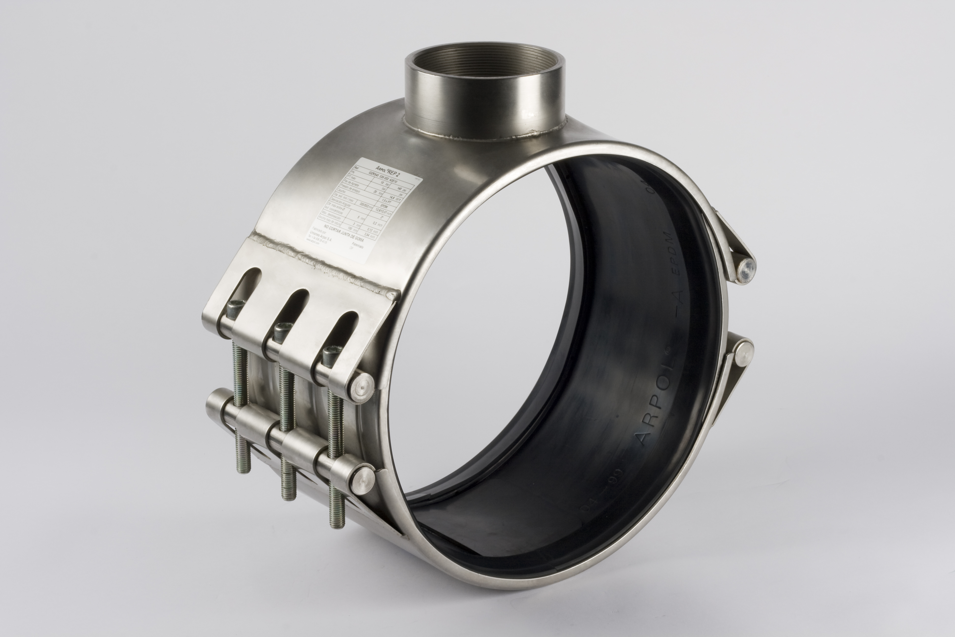Leschhorn REP2 zweiteilige, IFWR  DN 1010-1020 mm, Breite 300 mm, Dauerbetriebsdruck PS  10bar, Material W4 (A2), Gummi EPDM mit Trinkwasserzulassung, 2 Verschlüsse - Reparaturkupplung mit Abgang