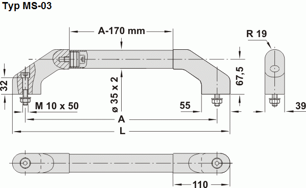 Leschhorn MS-03.F400.37   Maschinen- und Apparategriffe A 400,    Schenkel schwarz / Rohr Edelstahl Griff aus Einzelelementen, komplett montiert - Leschhorn MS-03 universelle Maschinen- und Apparategriffe