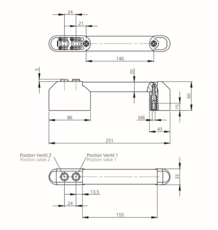 Leschhorn FG18-P3.BA140.11 Funktionsgriffe mit pneumatischer Schaltfunktion, mit 2 Ventilen (3/2 Wegeventil), Position Ventil 1 V-B, Position Ventil 2 V-A - LE FG18-P3 Funktionsgriffe mit pneumatischer Schaltfunktion - 3 2 Wegeventile - TZ