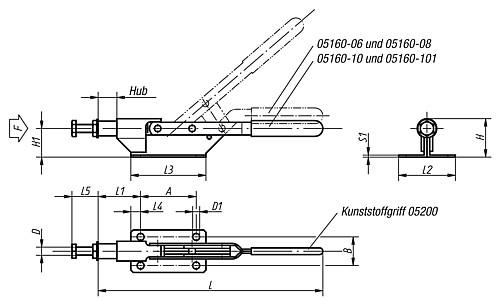 Norelem 05160-08 SCHNELLSPANNER HORIZONTAL, MIT SCHUBSTANGE, D=M8, H1=30 - Norelem 05160 Schnellspanner horizontal mit Schubstange