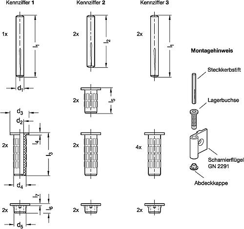 Ganter 2290-3-GR Bolzensets, für Scharnierflügel GN 2291 - GN 2290 Bolzensets - fuer Scharnierfluegel GN 2291-Skizze